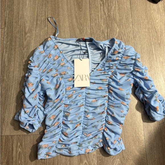 Zara Light Blue Floral Ruched Blouse - Picture 1 of 4